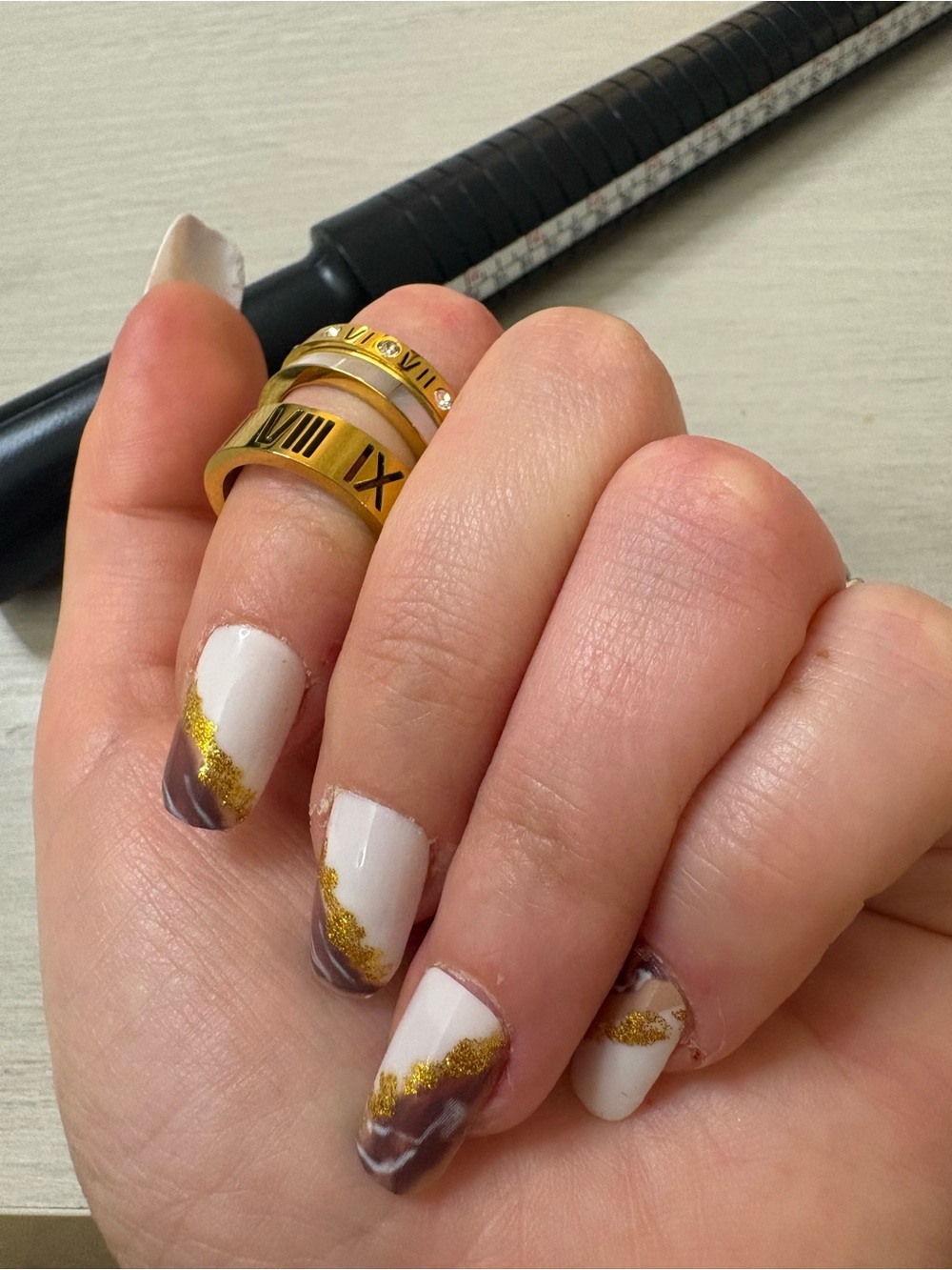 Gold Roman Numeral Stacked Rings with White & Gold Accent